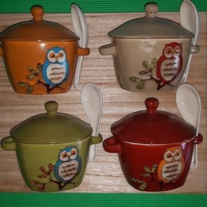 Set of 4 Owl Soup Pots with Lids & Spoons